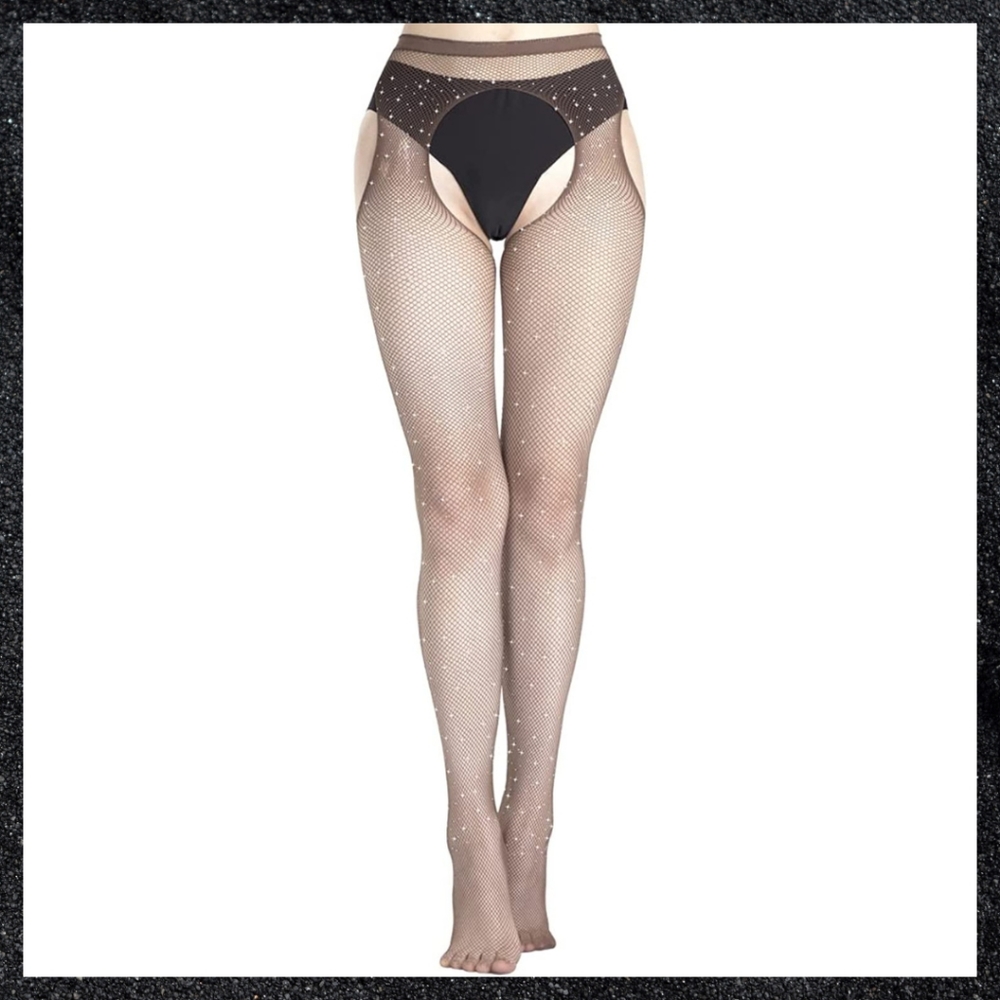 Brown Rhinestone Fishnet Crotchless Garter Belt Thigh High Pantyhose